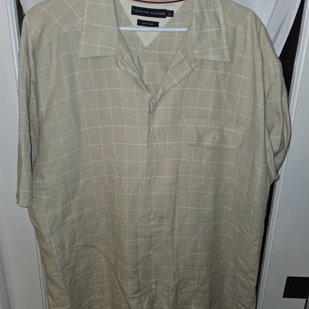 Tommy Hilfiger Light Tan Plaid Men's Shirt 100% LINEN